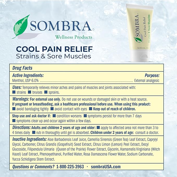 Sombra Cool Pain Relief Gel Cold Pain Relief for Swelling, Growing Pains, Soreness, Post-Workout, Vegan Formula Free of Artificial Fragrances, Dyes, NSAID, Wax, Petroleum, Alcohol - 3oz Flip-Top Tube