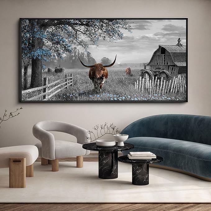 yiijeah Western Decor for Home - Pictures Wall Decor Living Room Modern Rustic Farmhouse Framed Wall Decor Prints Highland Cow boho Longhorn Decor Bedroom Canvas Artwork for Walls