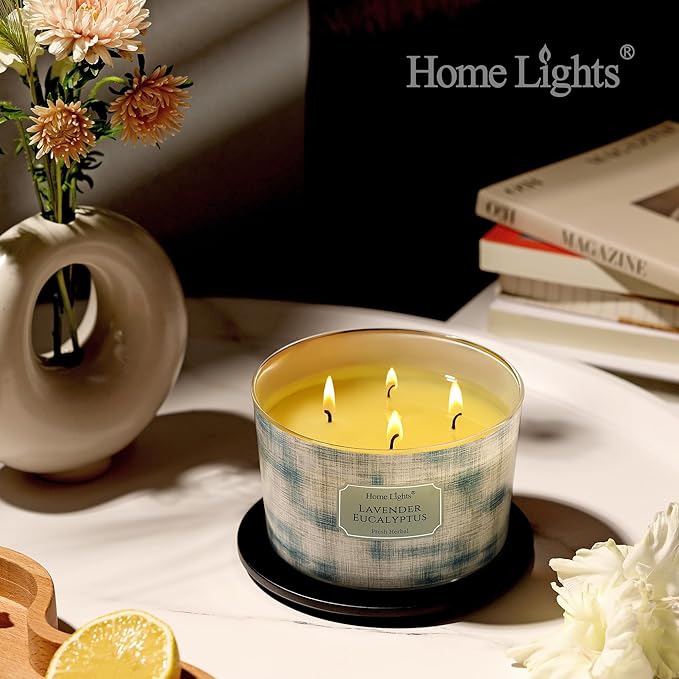 HomeLights Soy Wax Candles for Home Scented, 4-Wick Candles in Lavender Eucalyptus Scented, Aromatherapy Candles Gift for Parties, Relaxing, Scandinavian Minimalist Design, 18oz