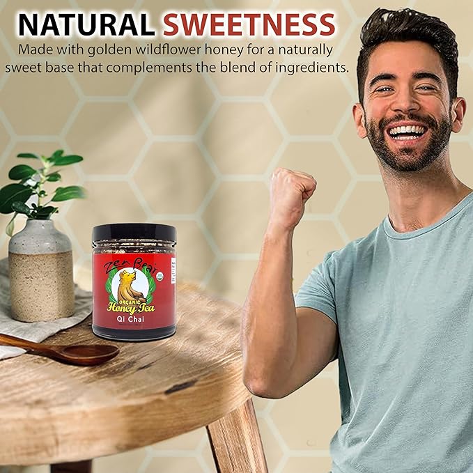 Zen Bear Organic Qi Chai Honey Tea - Rich India-Inspired Flavor Infused with Premium Black Tea, Cinnamon, Cardamom, Cloves, and Black Pepper, Sweetened Naturally with Raw Honey | 10 Oz Jar