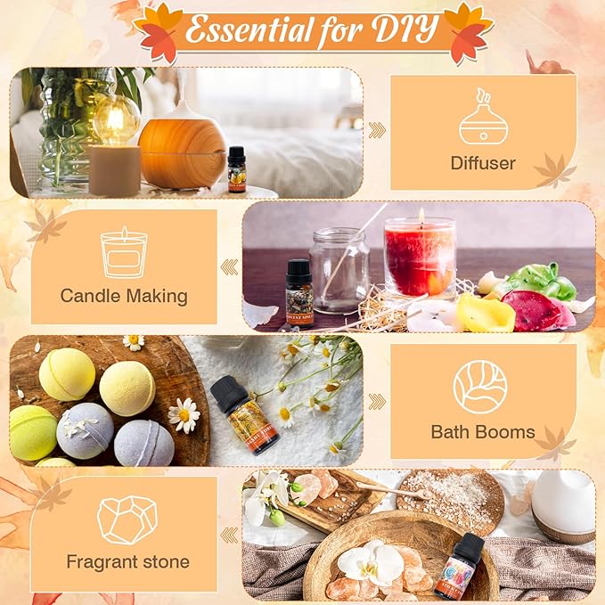 Fall Essential Oils Set for Home, Hotel and Car, Fragrance Oil Gifts Set for Oil Diffusers, with Pumpkin Spice, Harvest Spices and Vanilla, Autumn Essential Oil for Candle and Soap Making 6 Pack 10ML