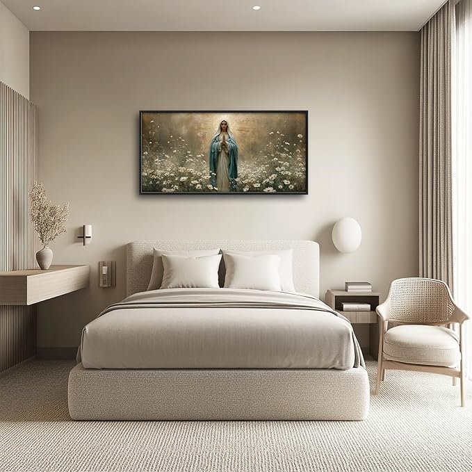 Glocmna Framed Large Wall Art for Living Room Virgin Mary Catholic Wall Decor Blessed Mother of Jesus Canvas Christian Religious Maria Pictures Painting Print Artwork Decorations Dining Room Bedroom Prayer Room 30"x60"