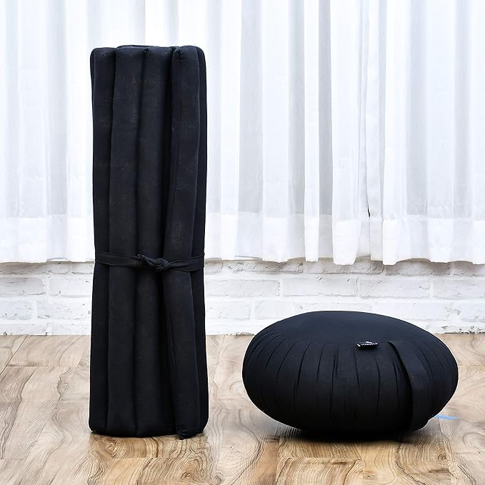 Leewadee Meditation Cushion Set – 1 Round Zafu Meditation Pillow and 1 Square Roll-Up Zabuton Meditation Mat, Pillows Bundle Filled with Kapok