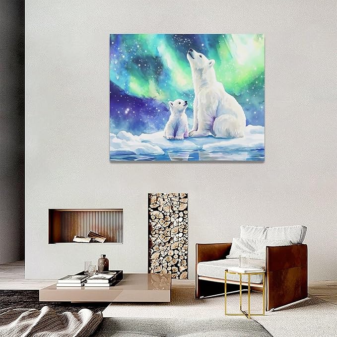 Olivine Polar Bear Wall Art, Northern Lights Pictures Wall Decor,Watercolor Polar Landscape Canvas Prints Paintings, Framed Artwork for Bathroom Bedroom Living Room Office Home Decoration 20"x16"