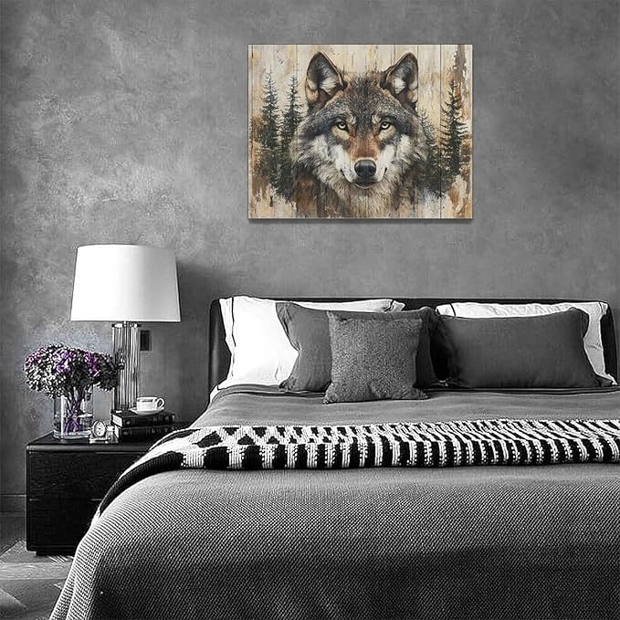 Vintage Wolf Wall Art Farmhouse Wildlife Wall Decor Country Animal Pictures Canvas Painting Artwork Home Decorations for Living Room Bedroom Bathroom Office 16"x12"