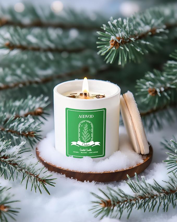 AOOVOO Cedar Scented Candles for Women - Aromatherapy Candle with Crystals Inside, 10oz Soy Candles for Home Scented, Birthday Gifts Candle for Women Mom