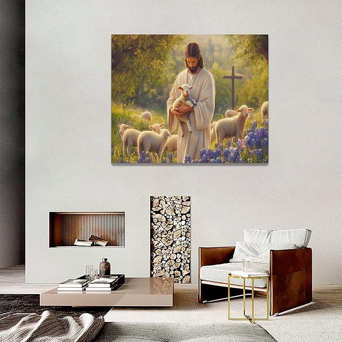 Fleruku Jesus Lamb Wall Art Christ Christian Wall Decor Jesus Religious Sign Pictures Canvas Painting Artwork Home Decorations for Living Room Bedroom Bathroom Office 20"x16"