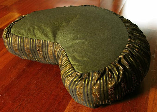 Meditation Cushion Zafu Pillow Buckwheat Fill - Global Weave Fabric Crescent Olive Green