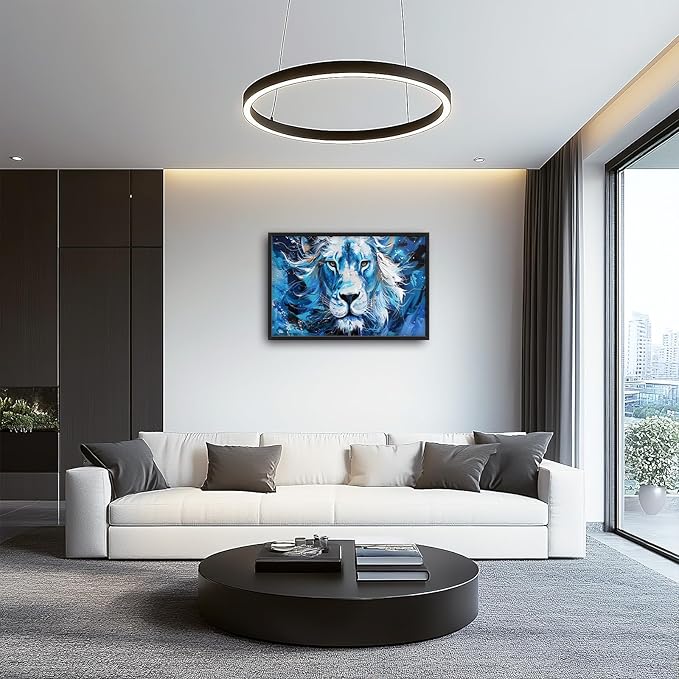 Framed Large Wall Art for Living Room, Lion Canvas Wall Decor, Blue Animal Pictures Painting, Modern Landscape Artwork for Bedroom Office 36L'' × 24W''