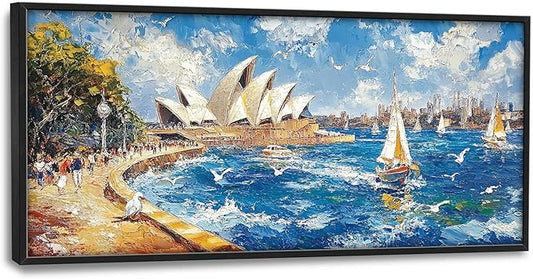 Sydney Opera House Large Wall Art Beach Boat Pictures Wall Decor Coastal Canvas Seascape Print Painting Modern Artwork Home Decoration for Living Room Bathroom Bedroom Office Framed 60"x30"