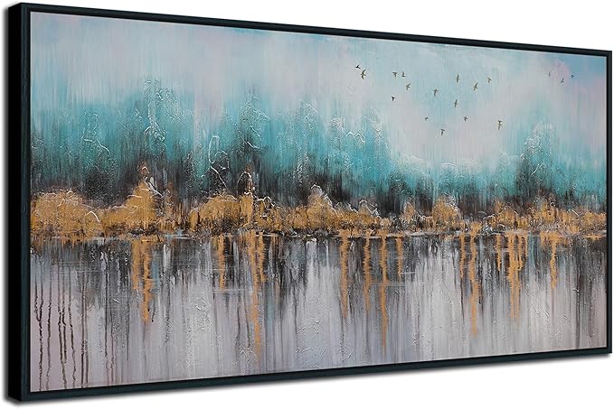 Ardemy Teal Abstract Canvas Wall Art for Living Room Landscape Painting Bedroom Turquoise Grey Textured Picture Artwork Wall Art for Men Home Office Wall Decor, Black Wood Framed Extra Large 58"x29"