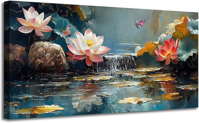 Anolyfi Lotus Canvas Wall Art for Living Room, Zen Yoga Decor Pink Large Picture Landscape Bedroom Painting Textured Artwork Framed for Spa Bathroom Hallway Kitchen Room Office Home Decor 40"x20"