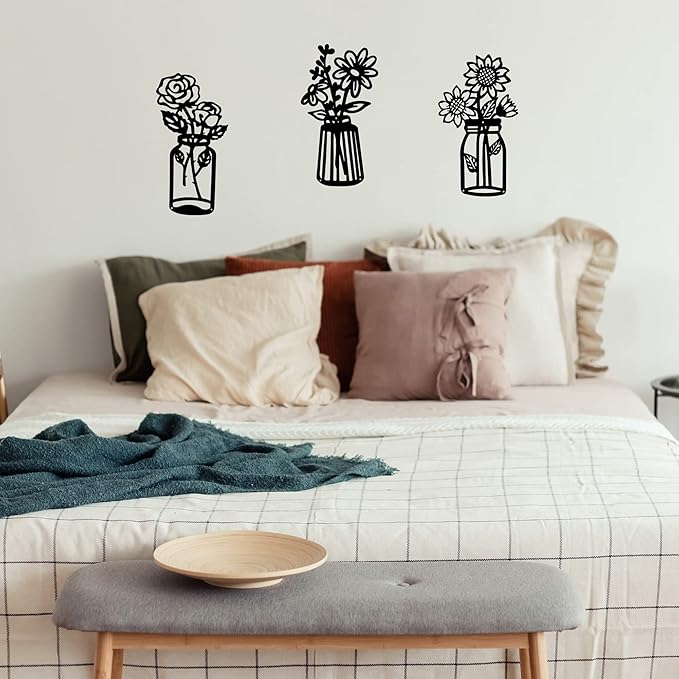 3 Pieces Sunflower Roses Daisy Black Metal Flowers Wall Decor Metal Vase Wall Art Metal Wall Sculptures Hanging for Indoor Kitchen Bathroom Bedroom Living Room,14.56x7.87 inches