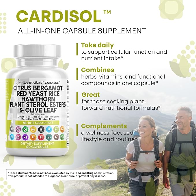 Clean Nutraceuticals Citrus Bergamot Red Yeast Rice Capsules with Plant Sterols - with Hawthorn Extract Olive Leaf Niacin Vitamin K3 D3 COQ10 Guggul & More