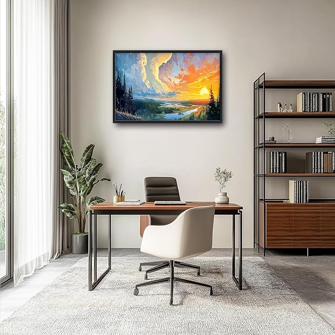 Framed Large Sun Landscape Wall Art for Living Room, Oversized Forest Wall Decor Lake Sunrise Canvas Print Nature Picture Home Decoration for Bedroom Living Room Office 36"x24"