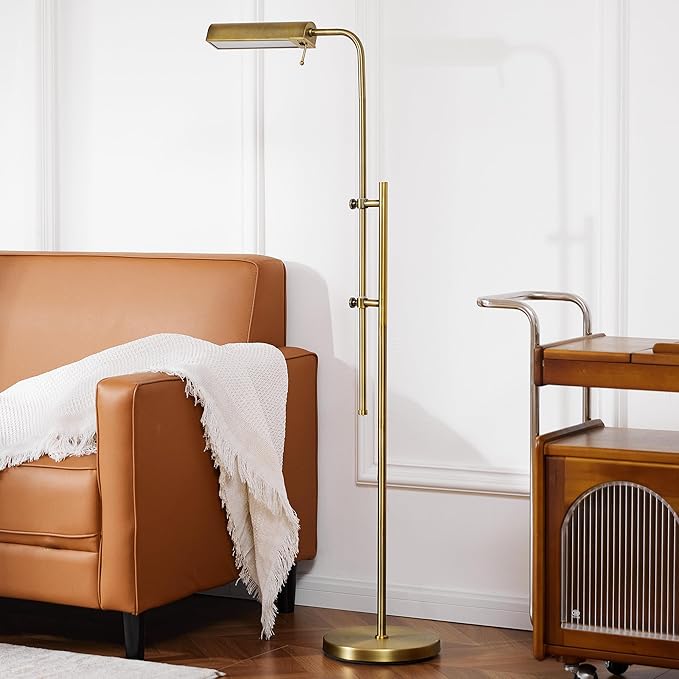 VONLUCE LED Floor Lamp, 62.5" Industrial Floor Lamp for Living Room with Adjustable Height Swing Arm Head 3 Color Temperatures, Metal Standing Pole Lamp for Bedroom Reading, Antique Brass