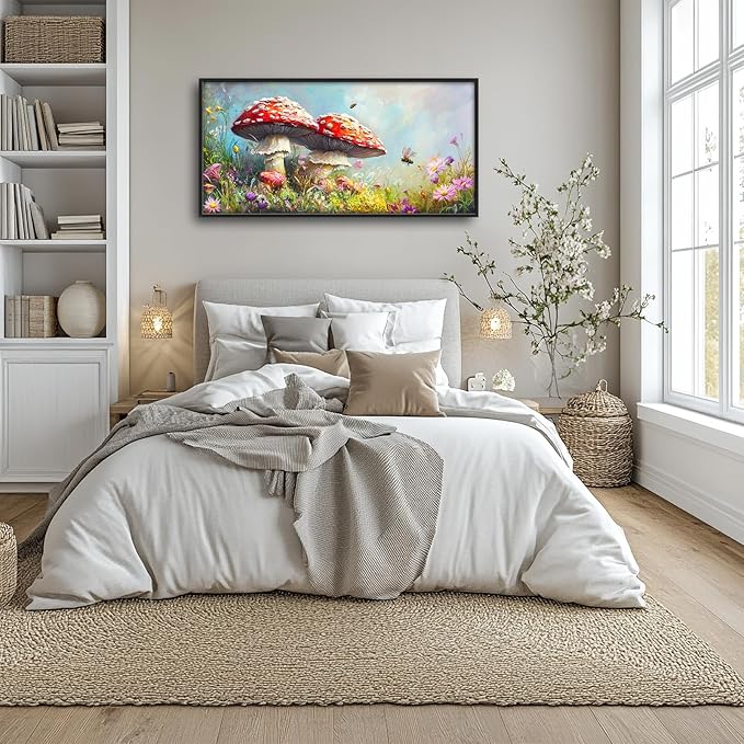 Mushroom Wall Art Mushroom Pictures Wall Decor Cottagecore Plant Botanical Large Master Over Above Bed Canvas Prints Horizontal Modern Artwork Painting Home Office Decorations For Bedroom 30"x60"
