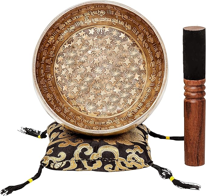 Ancient Design Large Tibetan Singing Bowl Set by Ohm Store — Relaxing Deep Tone Meditation Sound Bowl and Wooden Mallet Handcrafted in Nepal — Inner Space Bowl 6.5 Inch