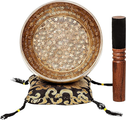 Ancient Design Large Tibetan Singing Bowl Set by Ohm Store — Relaxing Deep Tone Meditation Sound Bowl and Wooden Mallet Handcrafted in Nepal — Inner Space Bowl 6.5 Inch