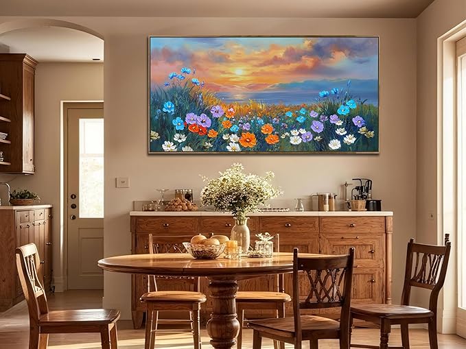 Ardemy Landscape Wall Art for Living Room Coastal Sunset Flower Canvas Bedroom Textured Floral Wildflower Blue Ocean Painting Nature Artwork Home Office Wall Decor, Wood Framed Large 40"x20"