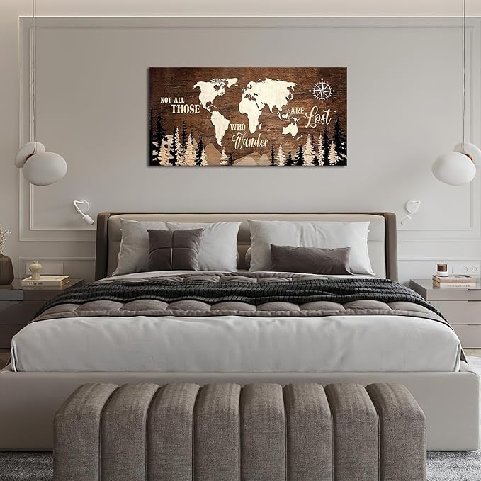 World Map Wall Art Vintage World Map Poster Canvas Prints Nautical Travel Decor Modern Framed Art Map of The World Wall Art for Living Room Dining Room Home Office 60"x30"