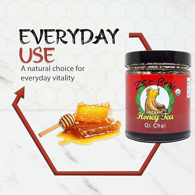Zen Bear Organic Qi Chai Honey Tea - Rich India-Inspired Flavor Infused with Premium Black Tea, Cinnamon, Cardamom, Cloves, and Black Pepper, Sweetened Naturally with Raw Honey | 10 Oz Jar