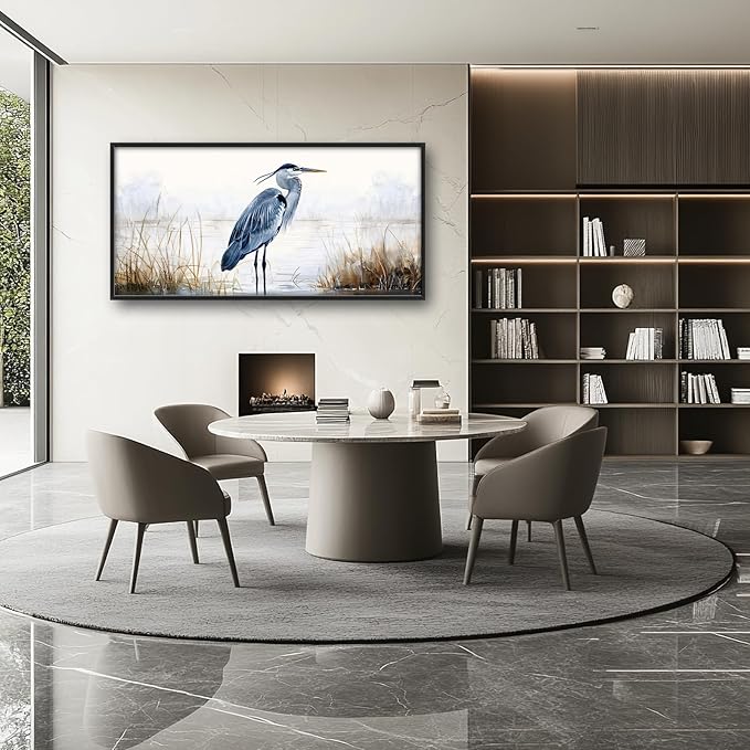 Heron Wall Art Blue Bird Pictures Wall Decor Chinoiserie Coastal Extra Large Canvas Prints Framed Artwork Paintings Home Office Decorations For Living Room Bedroom Dinning Room 60"x30"