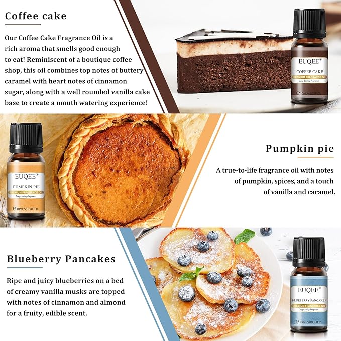 6PCS Premium Fragrance Oils for Homemade Bread-10ml-Pumpkin Pie, Coconut Cream, Snickerdoodle, Coffee Cake, Blueberry Pancakes, Salted Caramel Pumpkin