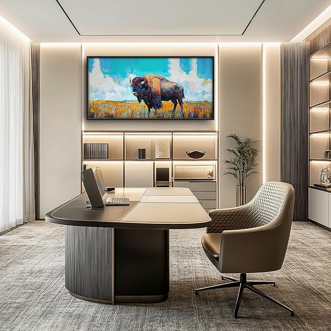 SweetFox Extra Large Colorful Western Bison Framed Wall Art for Living Room, Bison Pictures Oversized Wall Decor Abstract Big Canvas Painting Print Artworks for Bathroom Master Bedroom 60L X 30W