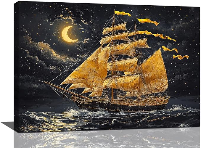 Olivine Sailboat Wall Art, Nautical Pictures Wall Decor, Ocean Seascape Painting, Coastal Night Canvas Prints, Framed Artwork for Bathroom Bedroom Living Room Office Home Decoration 24"x16"