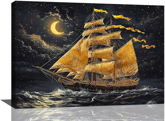 Olivine Sailboat Wall Art, Nautical Pictures Wall Decor, Ocean Seascape Painting, Coastal Night Canvas Prints, Framed Artwork for Bathroom Bedroom Living Room Office Home Decoration 24"x16"