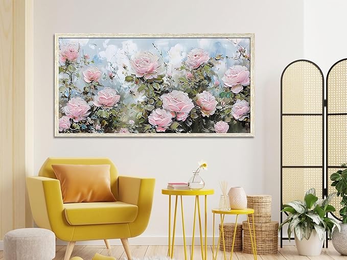 Ardemy Pink Rose Wall Art Canvas for Living Room Flower Painting Modern Textured Floral Bedroom Picture Artwork Framed Home Office Kitchen Decor, Large 48"x24"