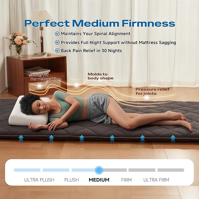 Japanese Floor Futon Mattress, Roll Up Tatami Mat, Sleeping Pad, Shikibuton, CertiPUR-US Certified Foam Floor Mattress for Bed Sleeping, Dormitory, Guest Bed, Designed in Japan(Grey, Full)