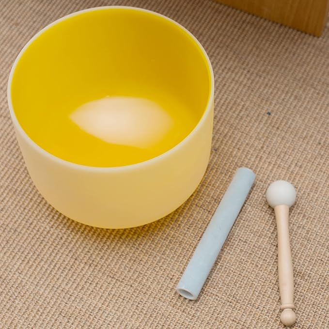 Leize Quartz Crystal Singing Bowl 432hz E Note Solar Plexus Chakra Yellow 10" with Suede Striker