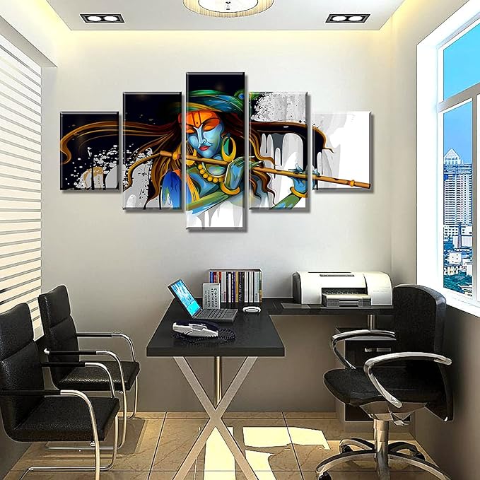 DJSYLIFE Large 5 Piece Hindu God Krishna Wall Decor Canvas Printed for Living Room Decorative Indian Painting Modern Home Decor Stretched and Framed Ready to Hang 60" Wx32 H