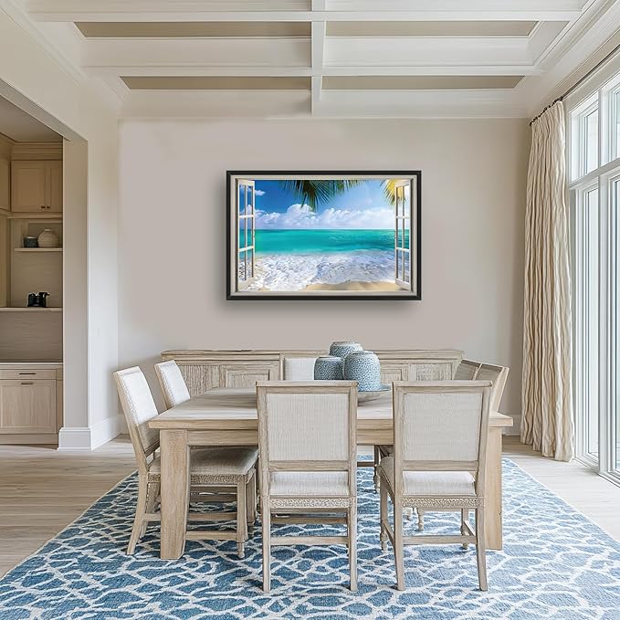 Beach Wall Art Ocean Palm Pictures Wall Decor Window Coastal Large Canvas Prints Paintings Home Office Decorations Framed Artwork for Living Room 36"x24"