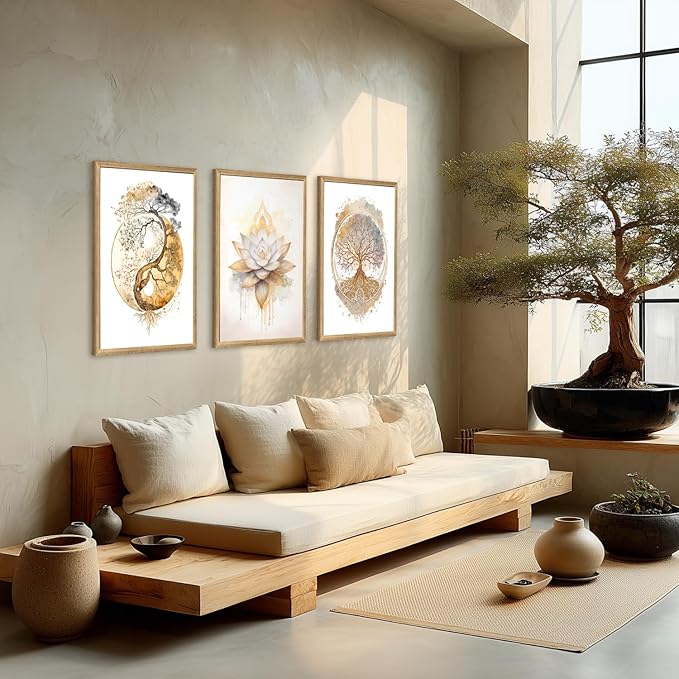 GELDSTEI Tree of Life Wall Art, Calming Zen Wall Decor, Abstract Yin Yang Tree Canvas Painting, Modern Gold Lotus Flower Meditation Poster Print for Living Room Yoga Room Bedroom Wood Framed 12"x16"x3