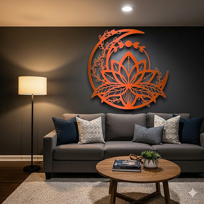 GOWPENART Moon and Lotus Metal Wall Art – Modern Boho Wall Decor, Large Mandala Style Metal Wall Hanging for Living Room, Bedroom, Meditation and Home Decoration (Silver)