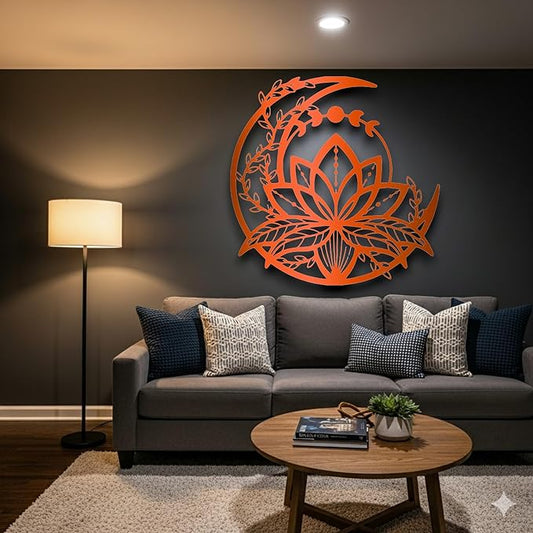 GOWPENART Moon and Lotus Metal Wall Art – Modern Boho Wall Decor, Large Mandala Style Metal Wall Hanging for Living Room, Bedroom, Meditation and Home Decoration (Bronze)