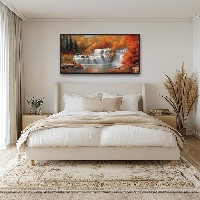 Fall Waterfall Wall Art Autumn Landscape Pictures Wall Decor Scenery Large Master Over Above Bed Canvas Prints Horizontal Modern Artwork Painting Home Office Decorations For Kitchen Bedroom 30"x60"