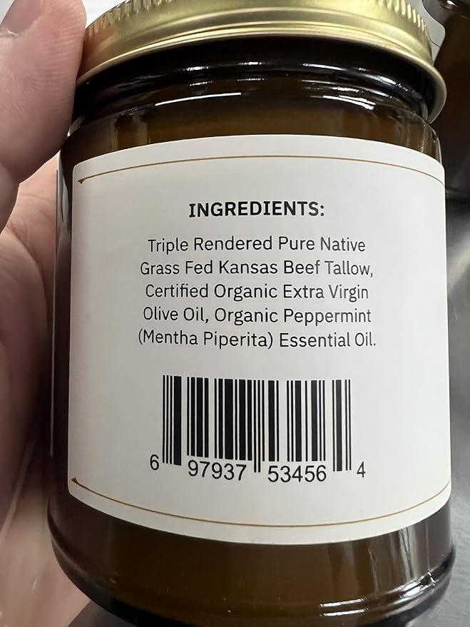 Beef Tallow Balm - 8 oz - Made in USA - Organic Grass Fed and Finished - Moisturizing Skin Care Peppermint