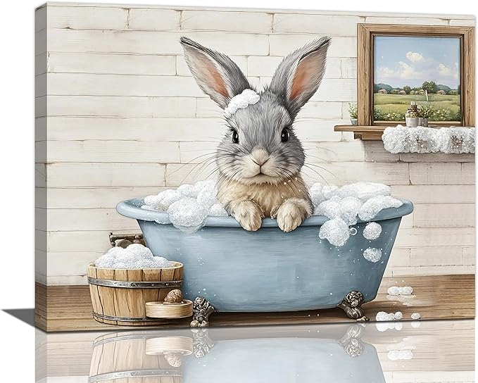 Farmhouse Bunny Bathroom Decor Wall Art Rabbit Pictures Canvas Prints Rustic Country Bathroom Painting Artwork Easter Decoration Framed Gifts for Women Girl Restroom Toilet 12"x16"