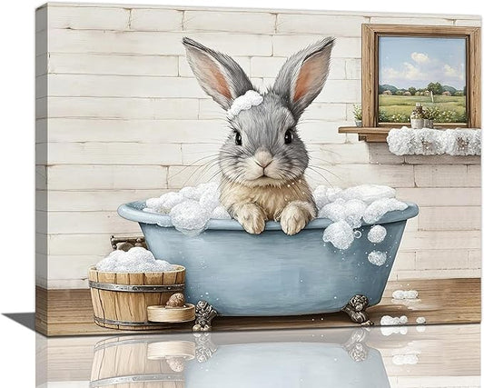 Farmhouse Bunny Bathroom Decor Wall Art Rabbit Pictures Canvas Prints Rustic Country Bathroom Painting Artwork Easter Decoration Framed Gifts for Women Girl Restroom Toilet 12"x16"