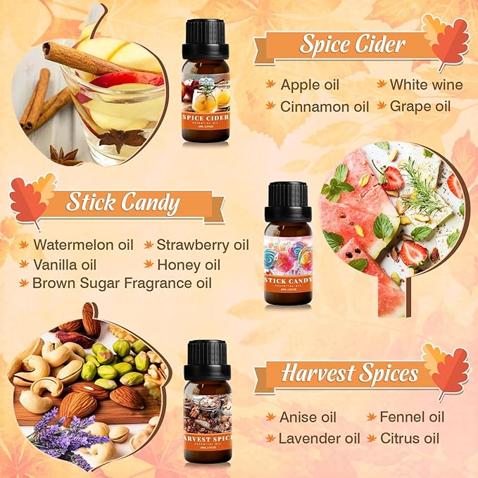 Fall Essential Oils Set for Home, Hotel and Car, Fragrance Oil Gifts Set for Oil Diffusers, with Pumpkin Spice, Harvest Spices and Vanilla, Autumn Essential Oil for Candle and Soap Making 6 Pack 10ML