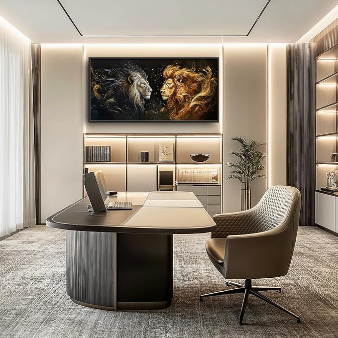 SweetFox Extra Large Lion King Framed Wall Art for Living Room, Lion and Golden Lioness Pictures Oversized Wall Decor Abstract Canvas Painting Print Artworks for Bathroom Master Bedroom 60L X 30W