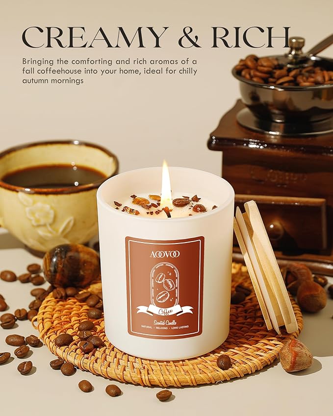 AOOVOO Macchiato Coffee Scented Candles for Women - Aromatherapy Candle with Crystals Inside, 10oz, 60H Burning Time, Soy Candles for Home Scented, Birthday Gifts Candle for Women Mom