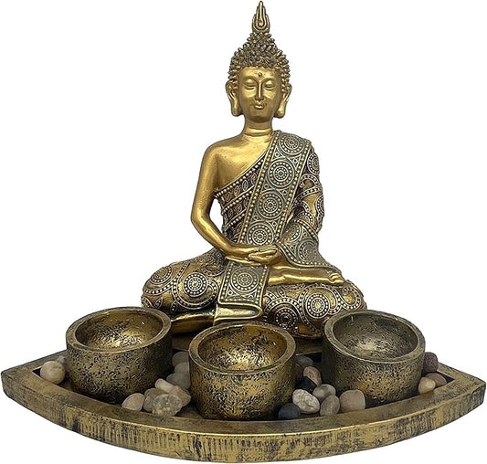 ARTCOS Meditating Buddha with 3 Tealight Candle Holder Base Sitting Zen Buddha Statue for Spiritual Room Décor Buda Sculpture Home Decoration for Peace and Harmony (Antique Gold)