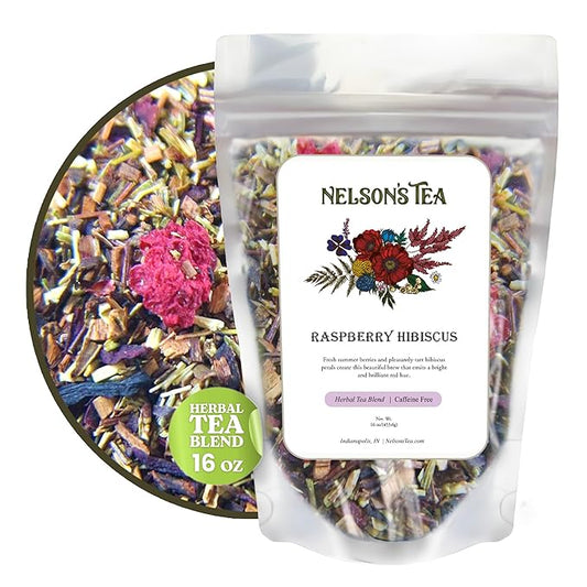 Nelson's Tea Raspberry Hibiscus Tea - Caffeine Free, Cut & Sifted Green Rooibos, Honeybush, Dried Raspberries, Acai, and Pomegranate Loose Leaf (16 oz)