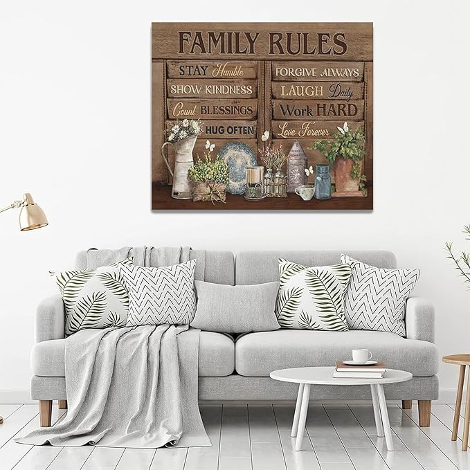 Country Family Rules Wall Art Farmhouse Inspiration Wall Decor Rustic Flower Home Sign Pictures Canvas Painting Artwork Home Decorations For Living Room Bedroom Bathroom Office 24"x20"