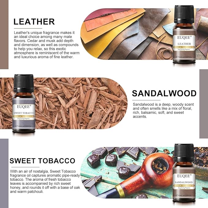 6PCS Fragrance Oils for Men, Men's Pubs Gift Set Premium Fragrance Oils -10ml-Leather, Sweet Tobacco（New Name-Honeyed Haze）, Dragons Blood, Sandalwood, Bay Rum, Cedarwood (Men's Pubs)